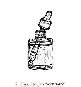 Dropper bottle for liquid essential oils, Glass jar with pipette for natural cosmetics. Sketch outline drawing, hand-drawn illustration. Vector line art clipart
