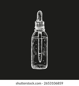 Tropferflasche für flüssige ätherische Öle Skizzenzeichnung. Glas mit Pipette - handgezeichnete Umrissgrafik. Vektorgrafik-Clipart