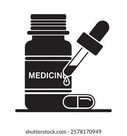 Dropper bottle of medicine with pill, medical illustration.