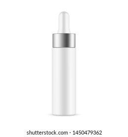 Dropper bottle with metal cap mockup - front view. Vector illustration