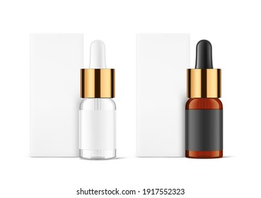 Dropper bottle with metal cap mockup isolated on white background. Vector illustration. Front view. Сan be used for cosmetic, medical and other needs. EPS10	