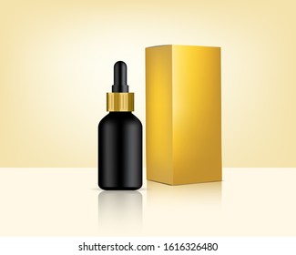 Dropper Bottle Mock up Realistic Gold Cosmetic and Box for Skincare Product Background Illustration. Health Care and Medical Concept Design.