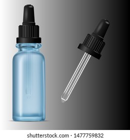 Dropper Bottle Mockup. Blue Glass Bottle for Aging Serum, black Lid. Medical Vial with Eyedropper Isolated. Drop Pipette Essential Aroma Oil Flacon Packaging. Skin Care Treatment Flask