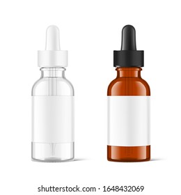 Dropper bottle mockup isolated on white background. Vector illustration. Front view. Сan be used for cosmetic, medical and other needs. EPS10.