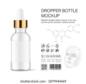 Dropper bottle mockup isolated on white background. Vector illustration. Front view. Сan be used for cosmetic, medical and other needs. EPS10	