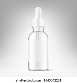 Maqueta de la botella de gotero sobre fondo gris. Ilustración vectorial. Vista frontal. СPuede ser utilizado para cosméticos, médicos y otras necesidades. EPS10.