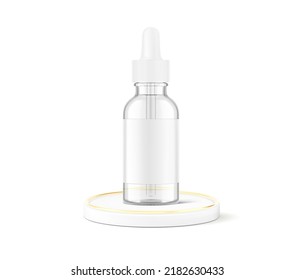 Mofa de botellas de gotero en el podio. Ilustración vectorial aislada en fondo blanco. С puede utilizarse para necesidades cosméticas, médicas y de otro tipo. EPS10.