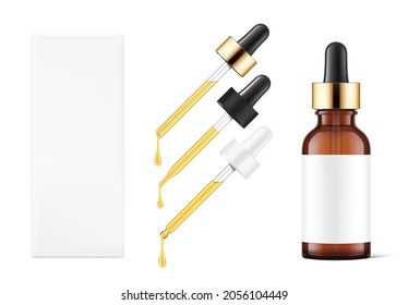 Dropper bottle mockup with pipette caps and cardboard box . Vector illustration isolated on white. Front view. Сan be used for cosmetic, medical and other needs. Ideal for use in e-commerce. EPS10.