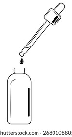 Maqueta de botella gotero con pipeta en estilo plano. Ilustración vectorial del envase de cristal con la línea negra aislada. Vista lateral. Adecuado para aplicaciones cosméticas, médicas y de otro tipo. EPS 10