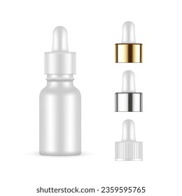 Dropper Bottle Mockup With Plastic, Metallic, Golden Caps, Isolated On White Background. Vector Illustration