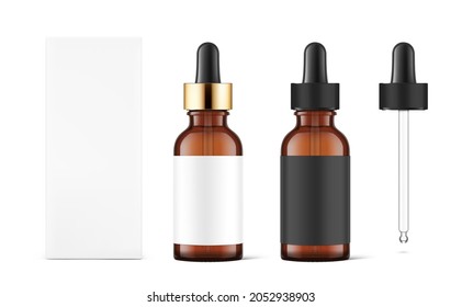 Dropper bottle mockups  with different caps and cardboard box . Vector illustration. Front view. Сan be used for cosmetic, medical and other needs. Ideal for use in e-commerce. EPS10.