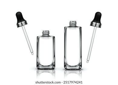 Conjunto de maquetas de botellas gotero aisladas sobre fondo blanco. Vector ilustración realista de frascos de vidrio o plástico con pipeta para suero cosmético, aceite, esencia, ojos o rostro paquete de sustancias para el cuidado de la piel