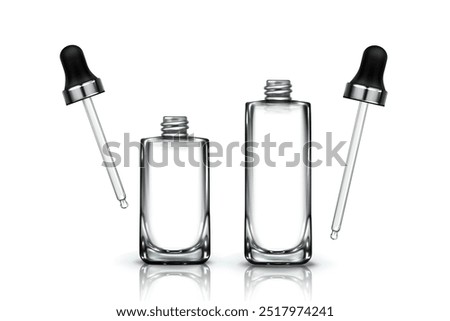 Dropper bottle mockups set isolated on white background. Vector realistic illustration of glass or plastic vials with pipette for cosmetic serum, oil, essence, eye or face skin care substance package