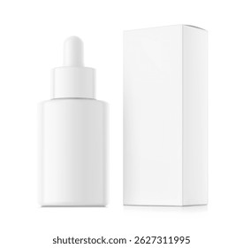 Dropper bottle with paperboard box mockup. Vector illustration isolated on white background. Front view. Сan be used for cosmetic, medical and other needs. EPS10.