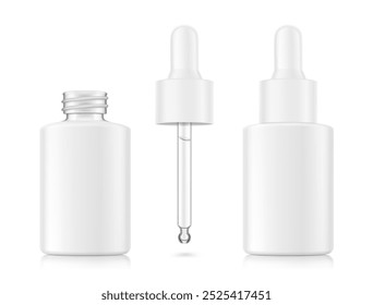 Dropper bottle with pipette mockup. Vector illustration isolated on white background. Front view. Сan be used for cosmetic, medical and other needs. EPS10.