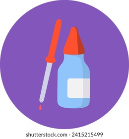 Dropper bottle with pipette and single drop of liquid. Simple flat design medical or cosmetic bottle vector illustration.