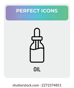 Dropper: frasco con icono de línea delgada de pipeta. Esencia de belleza, suero o aceite esencial. Ilustración vectorial moderna para un taller de belleza.