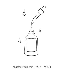 Cuentagotas y frasco con suero o aceite, línea. Producto cosmético en vial con pipeta. Esboza un Vector simple.
