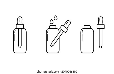 Dropper bottle with serum or oil, linear icons set. Cosmetic product in vial with pipette. Outline simple vector. Contour isolated pictogram on white background