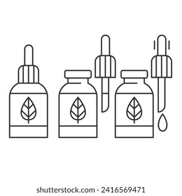 Dropper bottle with serum or oil, linear icons set. Closed, Opened vial with drop, herbal liquid package.Makeup and cosmetology concept.Editable Stroke. Vector illustration EPS 10
