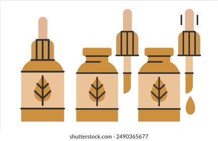 Tropfflasche mit Serum oder Öl, lineare Symbole gesetzt. Geschlossene, Geöffnete Durchstechflasche mit Tropfen, Kräuterflüssigkeitspackung.Make-up und Kosmetikkonzept.Editable Vektorillustration eps10.