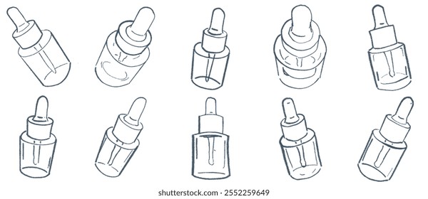 Dropper bottle with serum or oil, linear icons set. Cosmetic product in vial with pipette. Outline simple vector. Contour isolated pictogram on white background