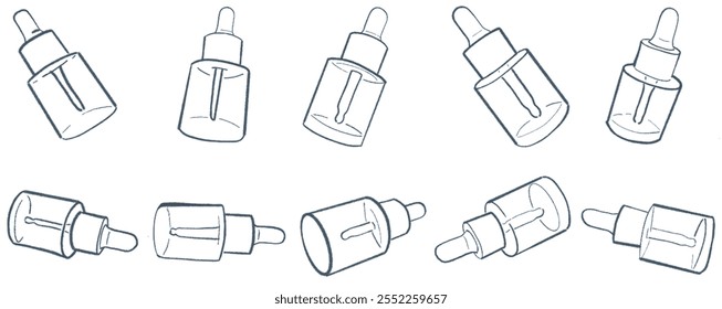Dropper bottle with serum or oil, linear icons set. Cosmetic product in vial with pipette. Outline simple vector. Contour isolated pictogram on white background