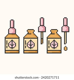 Dropper bottle with serum or oil, pixel art icons set. Closed, Opened vial with drop, herbal liquid package.Make-up and cosmetology concept.Vector illustration eps10.