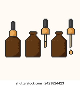 Dropper bottle with serum or oil, pixel art icons set. Closed, Opened vial with drop, liquid package.Make-up and cosmetology concept.Vector illustration eps10