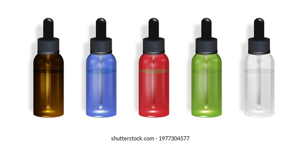 Dropper Bottle Set Colorful on a White. Mock up bottle. Cosmetic vial, flask, flacon. Medical bank. Cosmetic dropper-bottle with cocoa fruit background .
