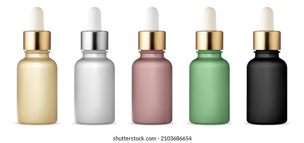 Dropper bottle set. Serum drop bottles, essential oil vial. Collagen essence eyedropper container, beauty treatment mockup. Realistic vapour aroma flask. Face care aging serum