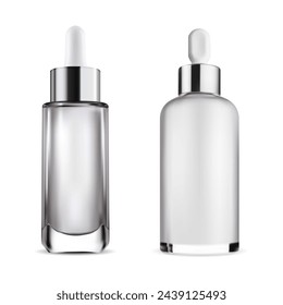 Dropper bottle. Transparent glass essential oil bottle, vector mockup. Cosmetic product serum essence flask, realistic package design. Eyedropper vial with silver cap isolated on white