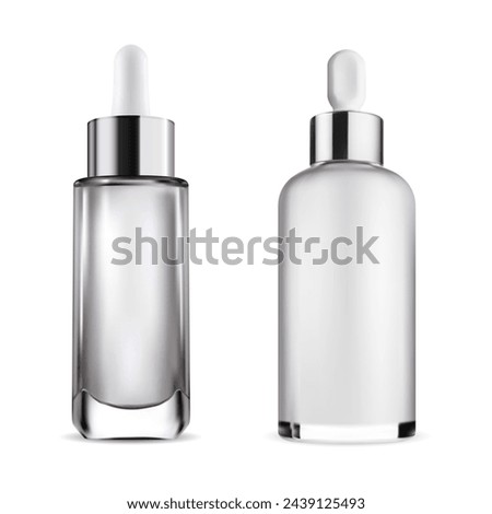 Dropper bottle. Transparent glass essential oil bottle, vector mockup. Cosmetic product serum essence flask, realistic package design. Eyedropper vial with silver cap isolated on white