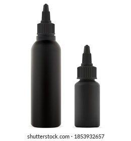 Dropper Bottle Vector Mock Up. Dye Hair Packaging On White Background. Black Plastic Container Set For Beauty Color Paint. E Liquid Bottles Mockup. Medical Drug Nasal Dispenser