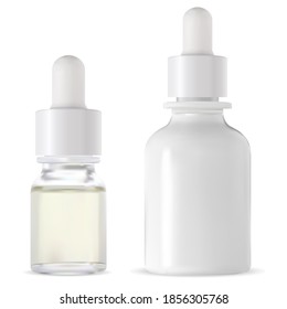 Dropper bottle. White glass serum bottles set mockup. Essential oil flask with eyedropper mock up. Medical vial for collagen liquid, face treatment medicine. Natural aroma product template and pipette