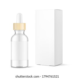 Dropper bottle with wooden cap and and cardboard box mockup isolated on white background. Vector illustration. Сan be used for cosmetic, medical and other needs. EPS10.	