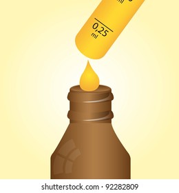dropper bottle  with yellow drop over beige background. vector