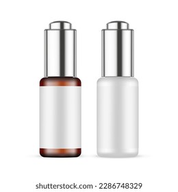 Botellas Dropper Mockups con tapón metálico, Etiquetas en blanco, Aisladas en fondo blanco. Ilustración vectorial