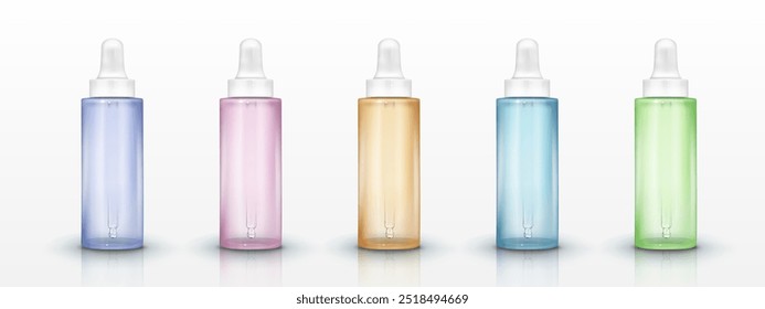 Frascos de conta-gotas com líquido colorido isolado no fundo branco. Ilustração realista vetorial de frascos de vidro com pipeta para o soro cosmético, óleo, essência, olho ou face pele cuidado de embalagem de substância