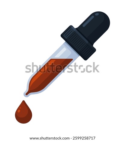 Dropper with brown ink droplet. Skincare, essential oil, chemistry pipette, color picker concept. Flat vector illustration isolated on a white background