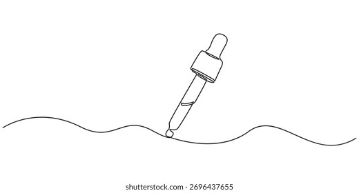 conta-gotas desenho contínuo de uma linha, desenho contínuo de uma linha do frasco de soro cosmético. Ilustração de desenho de uma linha do frasco do conta-gotas do soro. Dia Internacional da Beleza, Skincare conceitual line art.