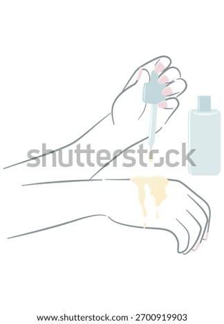 dropper dripping serum onto the forearm, showing skincare absorption and treatment application. The gentle style expresses softness and dermatological care