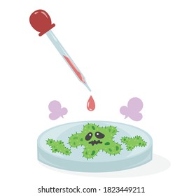 Dropper drop medicine solution on germs in petri dish vector illustration cartoon isolated on white background. Virus or bacteria in petri dish. 