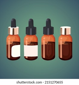 Dropper glass bottle set. Cosmetic bottles for liquid drug. Dark brown transparent bottles template with colorful glossy and matte cap. Flat vector package mockup isolated on green background
