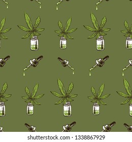 Dropper with hemp oil and medical marijuana seamless pattern. Vector illustration on white background in watercolor style. Legal use of marijuana for medic purposes.