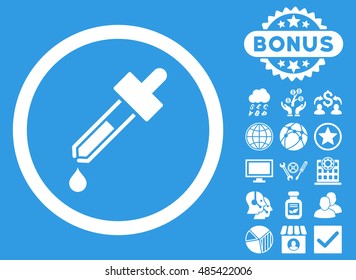 Dropper icon with bonus images. Vector illustration style is flat iconic symbols, white color, blue background.