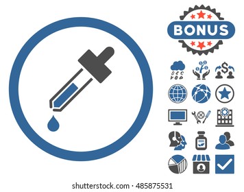 Dropper icon with bonus pictogram. Vector illustration style is flat iconic bicolor symbols, cobalt and gray colors, white background.