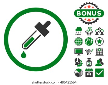 Dropper icon with bonus pictures. Vector illustration style is flat iconic bicolor symbols, green and gray colors, white background.