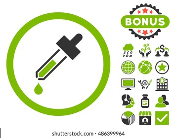 Dropper icon with bonus symbols. Vector illustration style is flat iconic bicolor symbols, eco green and gray colors, white background.