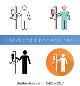 Dropper icon. Medical procedure. Healthcare services. Patient with drip. Hospitalization. Infusion. Postsurgical care. Recovery. Flat design, linear and color styles. Isolated vector illustrations